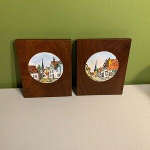 Hand painted by RE Tullis ceramic and wood wall decor pair